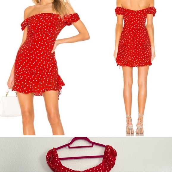 Privacy Please Rosario Polka Dot Off The Shoulder Mini Dress in Red Small - Picture 1 of 3